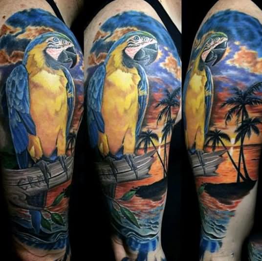 Colorful Parrot And Palm Tree Tattoo On Sleeve