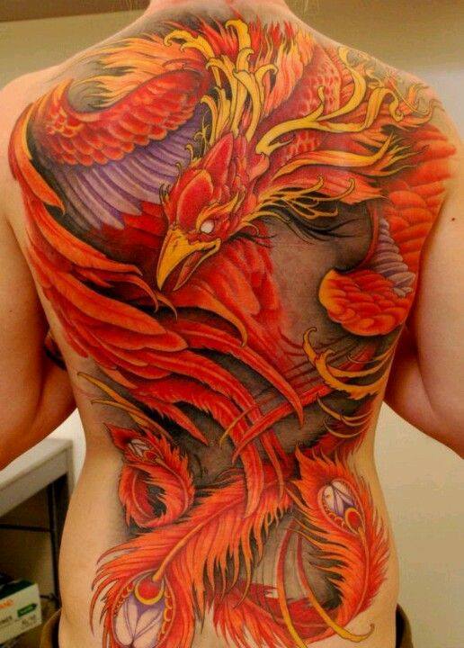 Colorful Phoenix Tattoo On Full Back