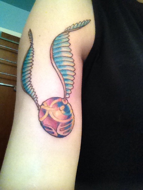 Colorful Snitch Tattoo On Half Sleeve By