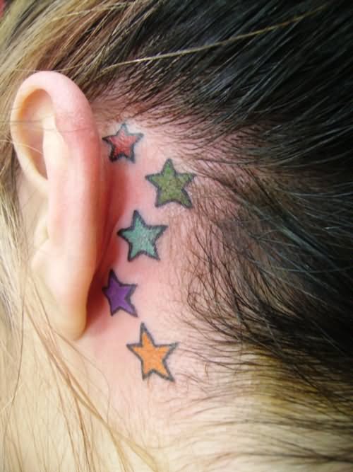 Colorful Stars Tattoo On Girl Left Behind The Ear