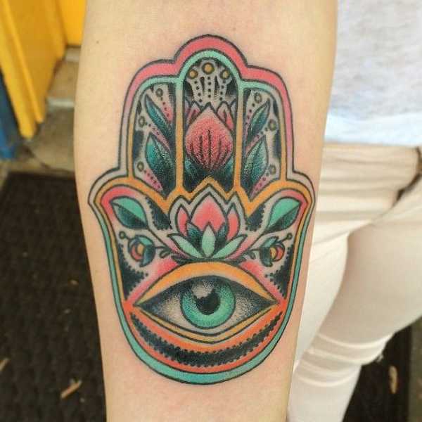 Colorful Traditional Hamsa Tattoo Design For Forearm