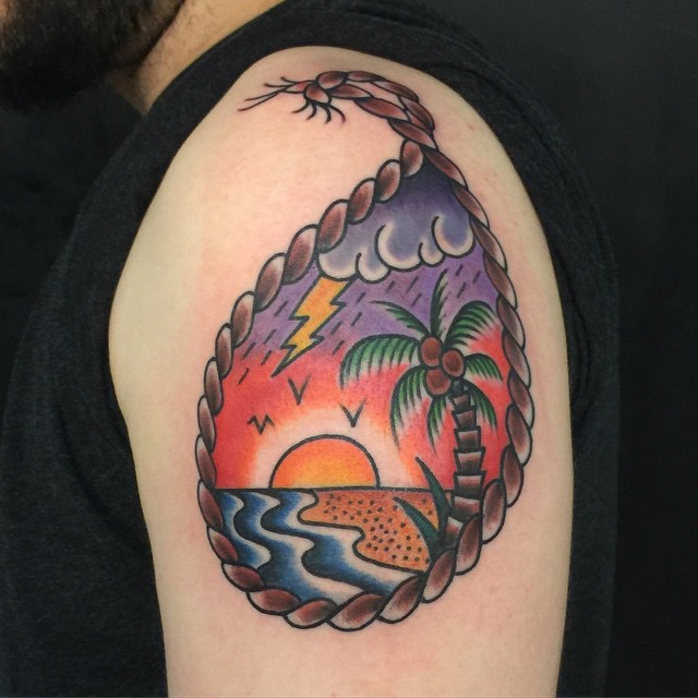 Colorful Traditional Palm Tree Tattoo On Left Shoulder