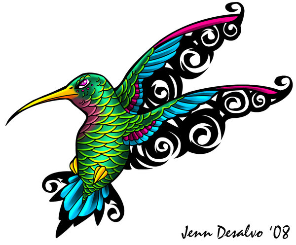 Colorful Tribal Colibri Tattoo Design Idea
