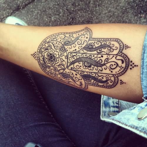 Cool Black Ink Hamsa Tattoo Design For Forearm