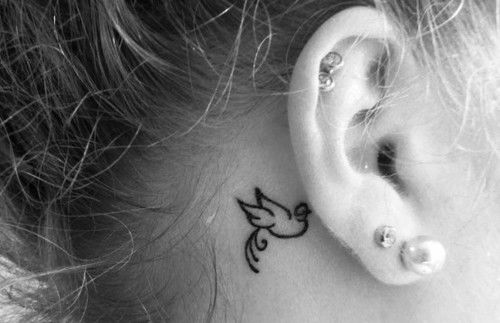 Cool Black Outline Bird Tattoo On Girl Right Behind The Ear