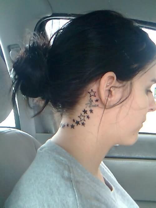 Cool Black Stars Tattoo On Girl Right Behind The Ear
