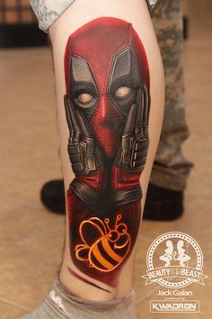 Cool Deadpool Tattoo On Left Leg By Jack Galan