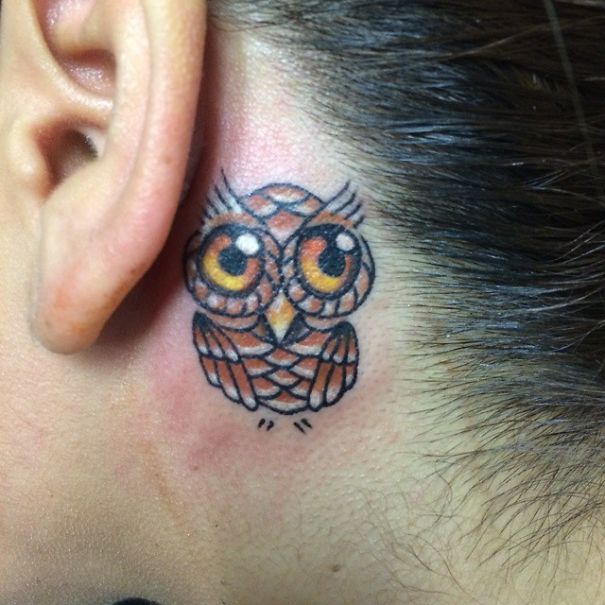 Cool Owl Tattoo On Left Behind The Ear