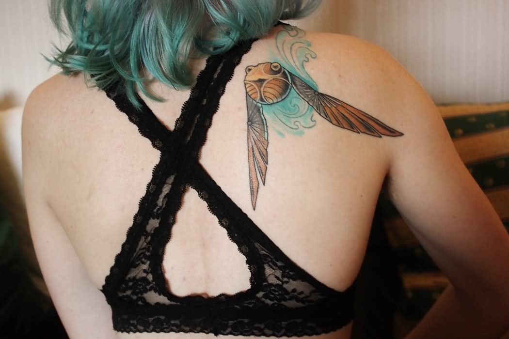 Cool Snitch Tattoo On Girl Right Back Shoulder