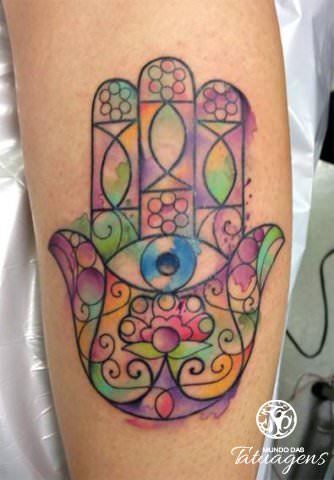 Cool Watercolor Hamsa Tattoo Design For Sleeve