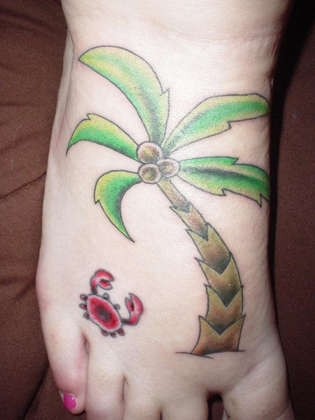 Crab And Palm Tree Tattoo On Right Foot
