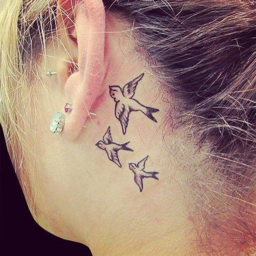 Cute Three Flying Birds Tattoo On Left Behind The Ear