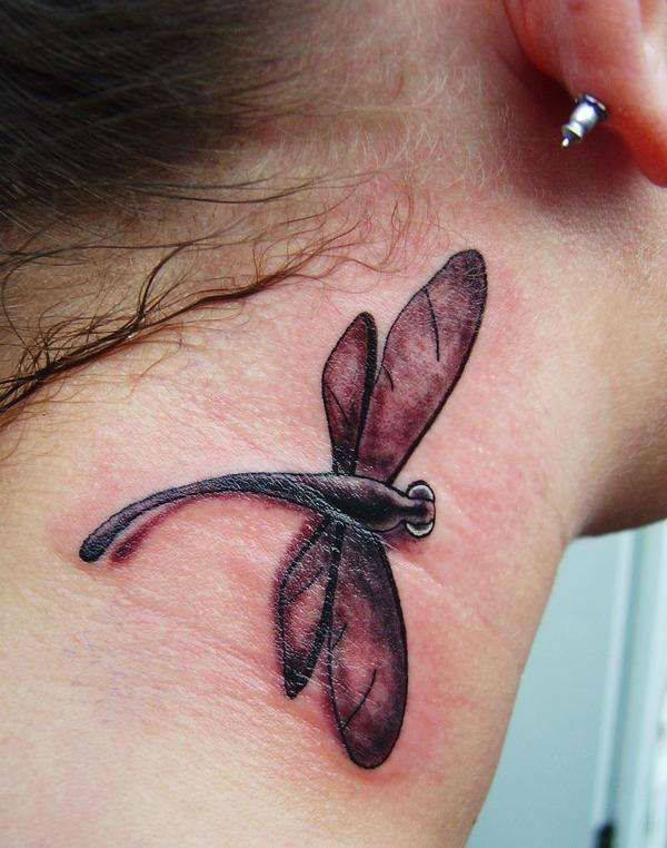 Dark Ink Dragonfly Tattoo On Side Neck