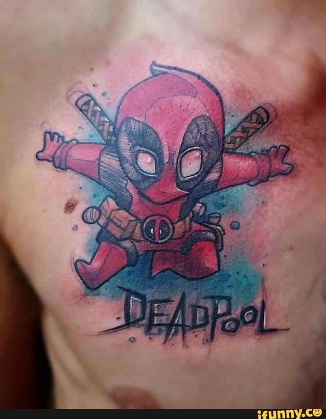 Deadpool - Baby Deadpool Tattoo On Man Right Chest