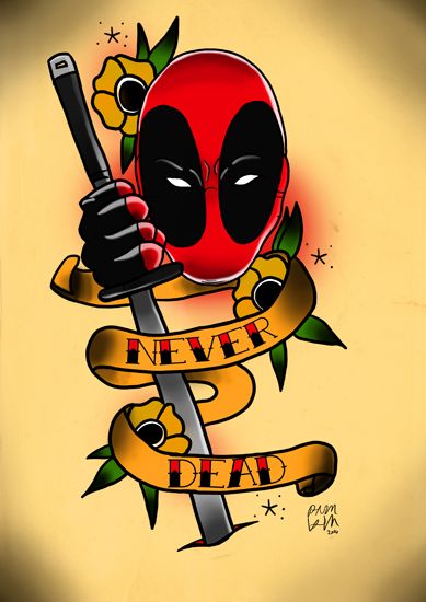 Deadpool Head With Sword And Banner Tattoo Design For Sleeve