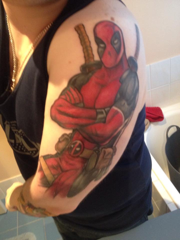 Deadpool Tattoo On Left Half Sleeve By Beau James Guy