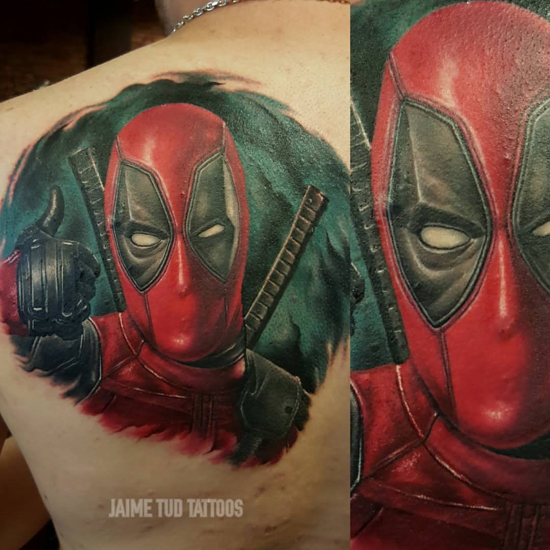 Deadpool Tattoo On Man Left Back Shoulder By Jaime Tud