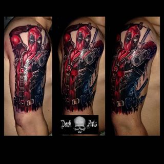 Deadpool Tattoo On Man Right Half Sleeve