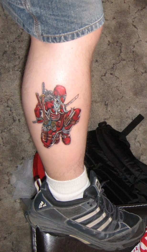 Deadpool Tattoo On Right Side Leg Calf By Kevin Wojtaszek