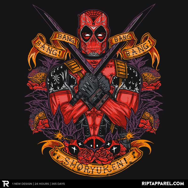 Deadpool With Banner And Roses Tattoo Design By Riptapparel