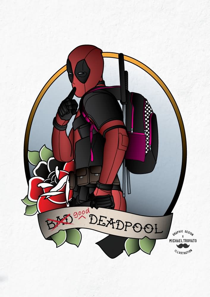 Deadpool With Rose And Banner Tattoo Design