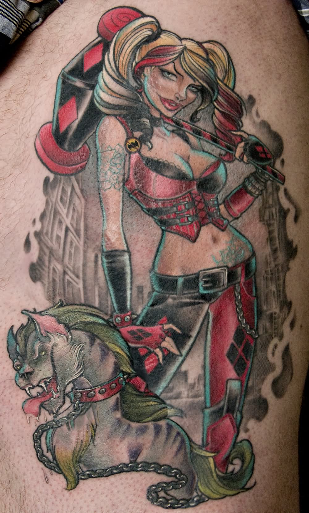 Dog And Harley Quinn Tattoo On Left Sleeve
