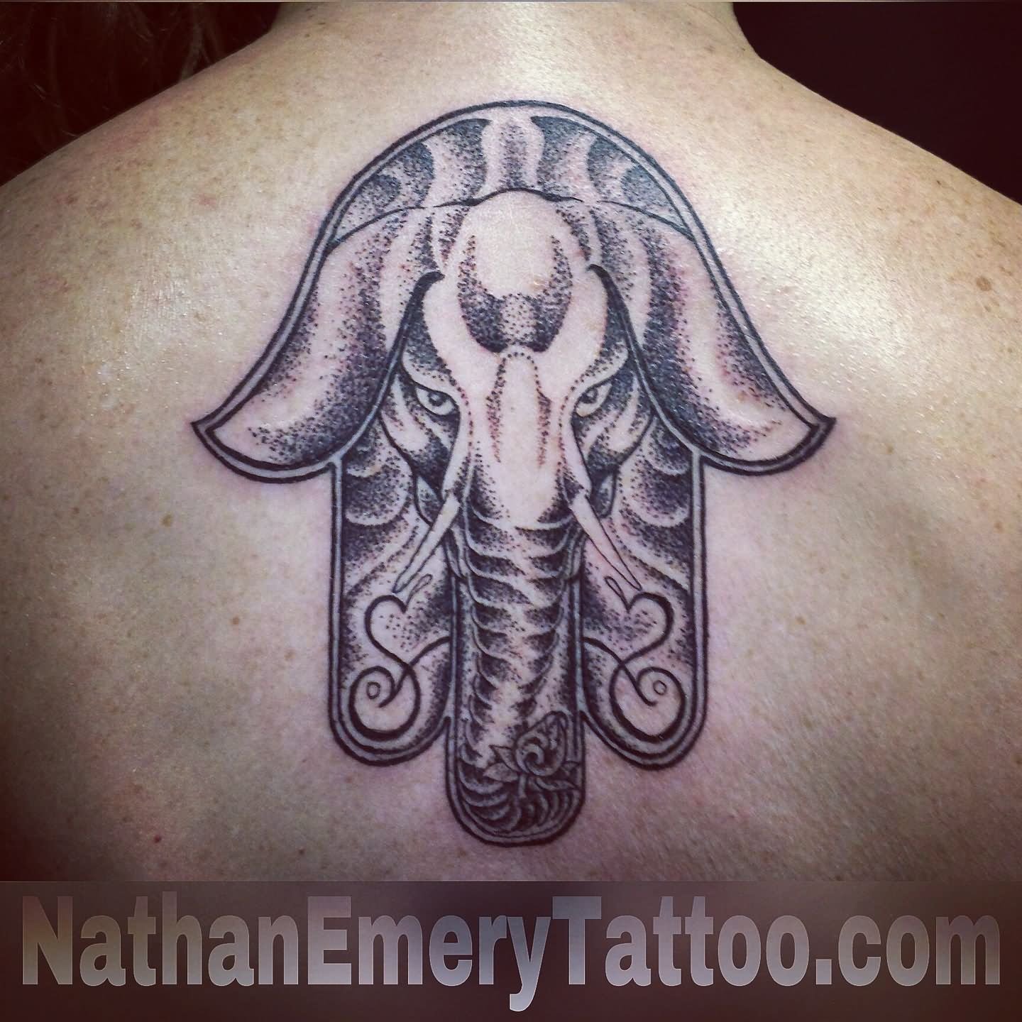 Dotwork Elephant Hamsa Tattoo Design For Upper Back By Nathan Emery San Francisco