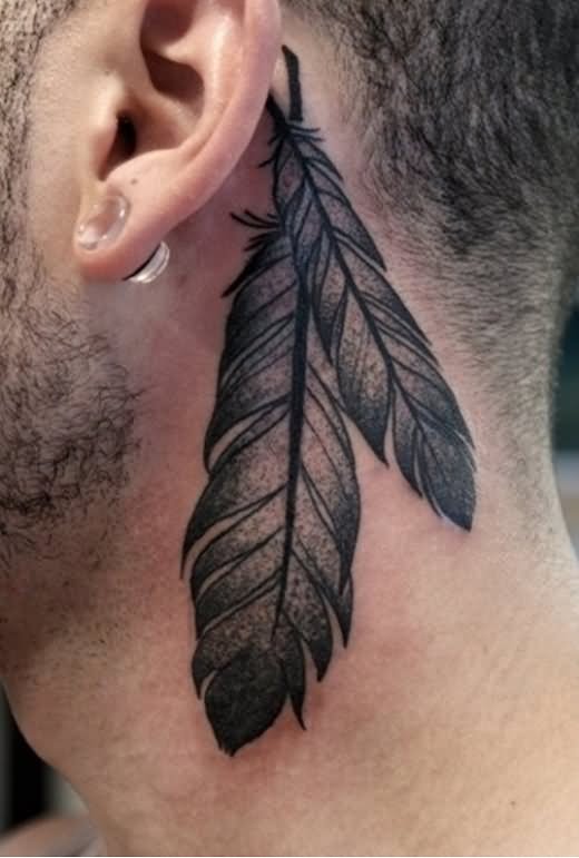 Dotwork Feathers Tattoo On Man Left Behind The Ear