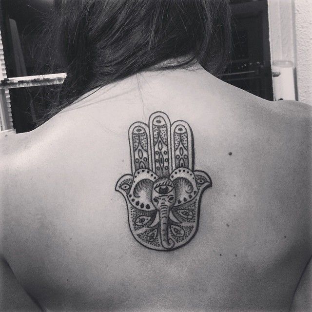 Dotwork Hamsa Elephant Tattoo On Girl Upper Back
