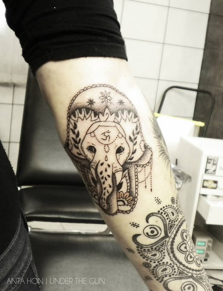 Dotwork Hamsa Elephant Tattoo On Left Forearm
