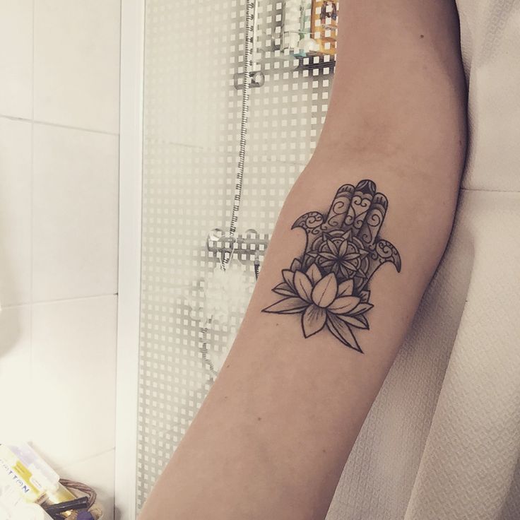 Dotwork Hamsa With Lotus Flower Tattoo On Right Forearm