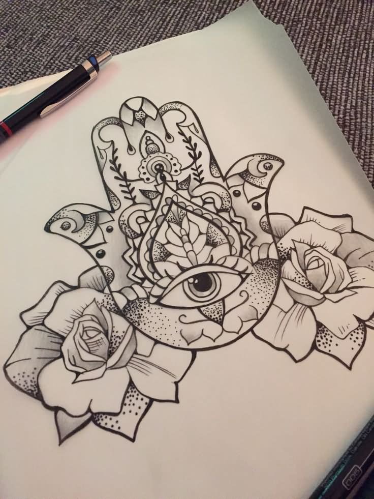 Dotwork Hamsa With Roses Tattoo Design