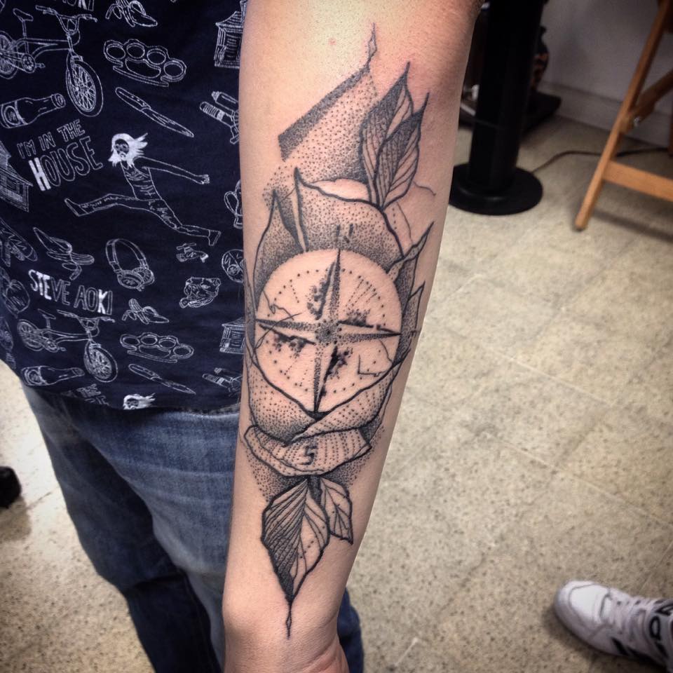 Dotwork Rose Compass Tattoo On Left Arm by Daniel Rozo