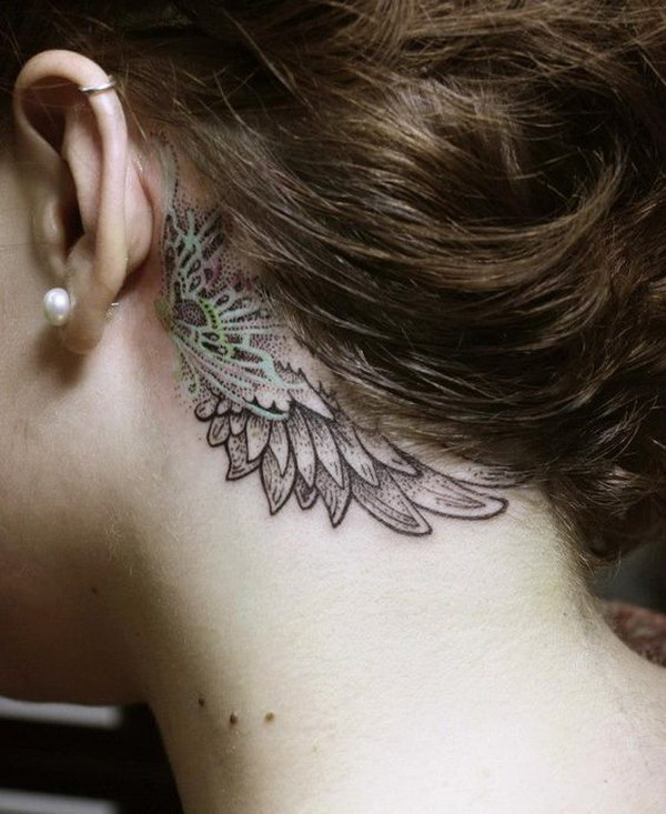 Dotwork Wing Tattoo On Girl Left Behind The Ear