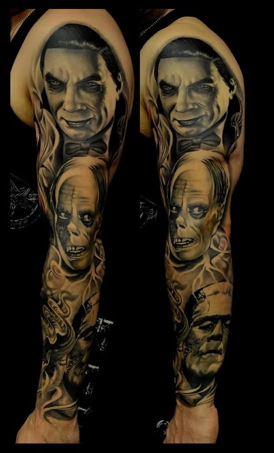Dracula And Frankenstein Head Tattoo On Left Full Sleeve