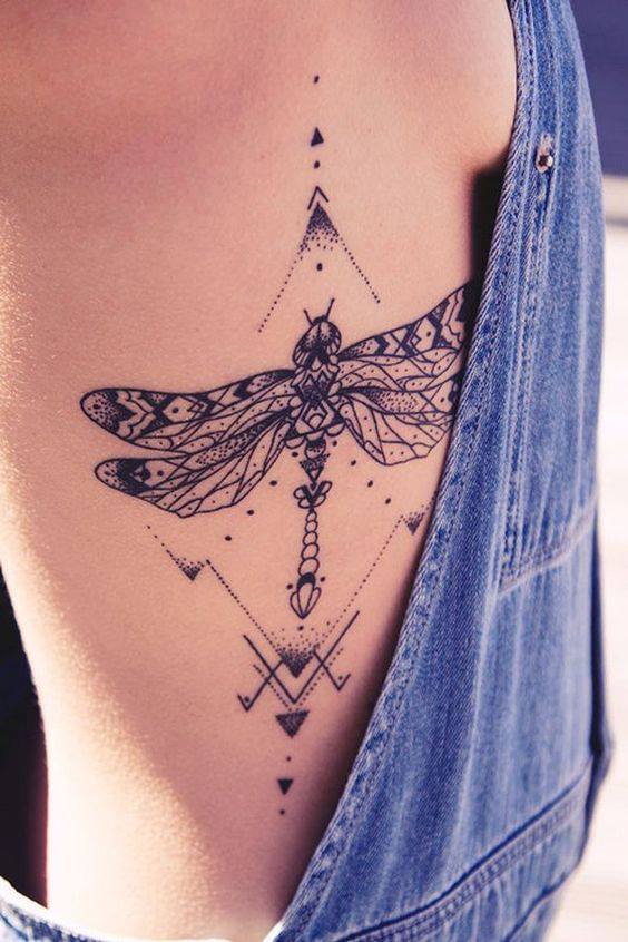 Dragonfly Tattoo On Girl Side Rib