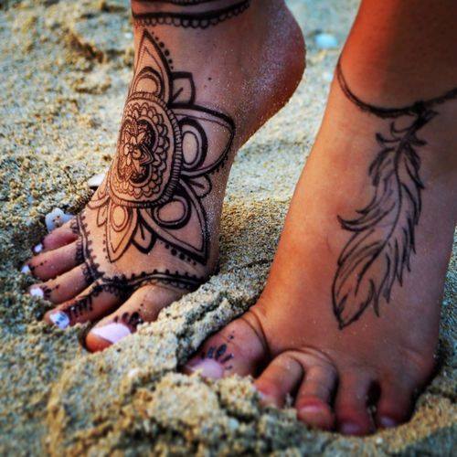 Feather And Mandala Tattoos On Feet