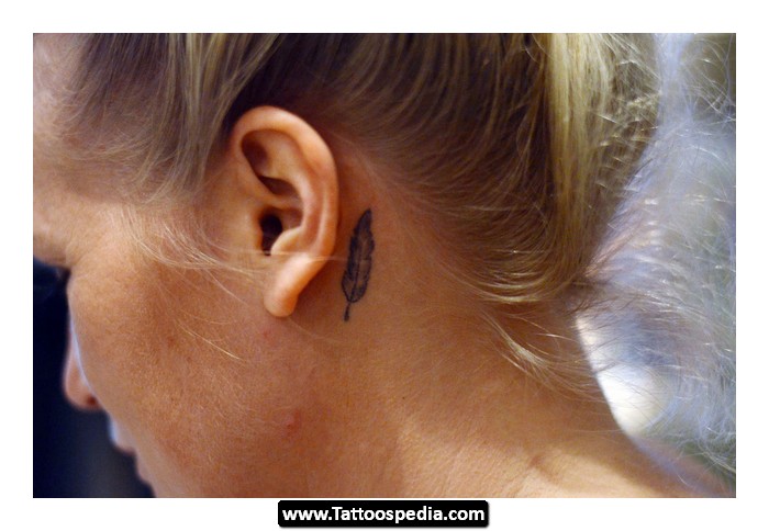 Feather Tattoo On Women Left Behind The Ear