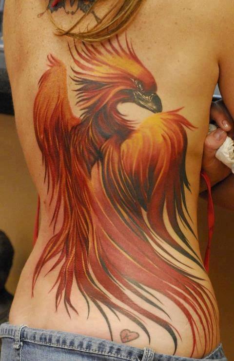 Fire Phoenix Tattoo On Girl Back Body