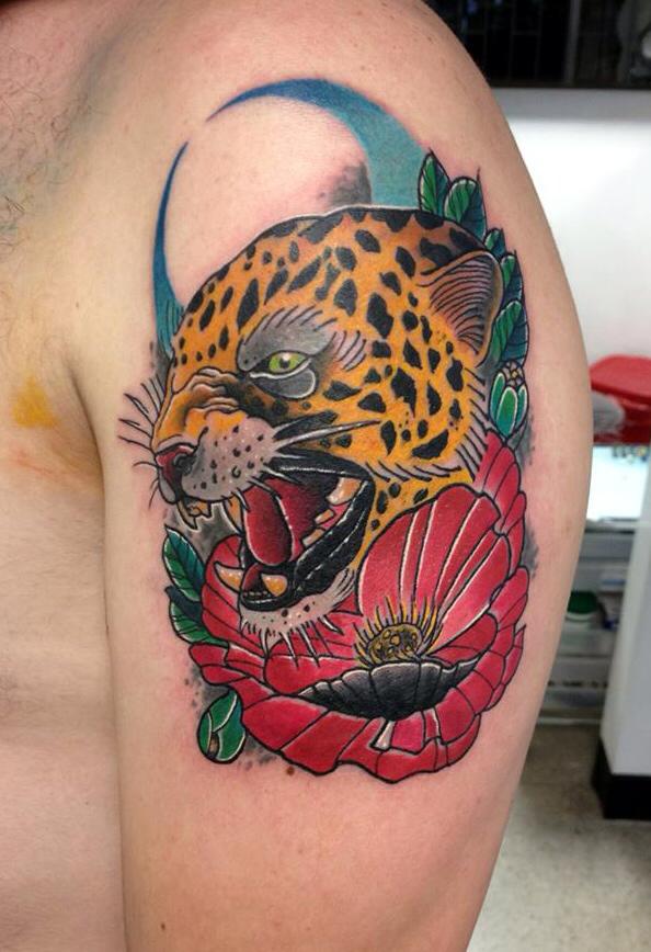 Flower And Jaguar Head Tattoo On Left Shoulder by Daniel Rozo