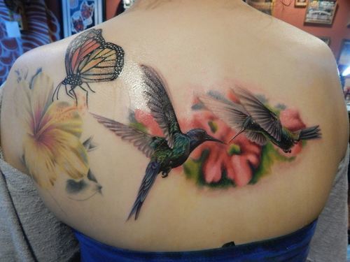 Flowers And Colibri Tattoos On Upper Back