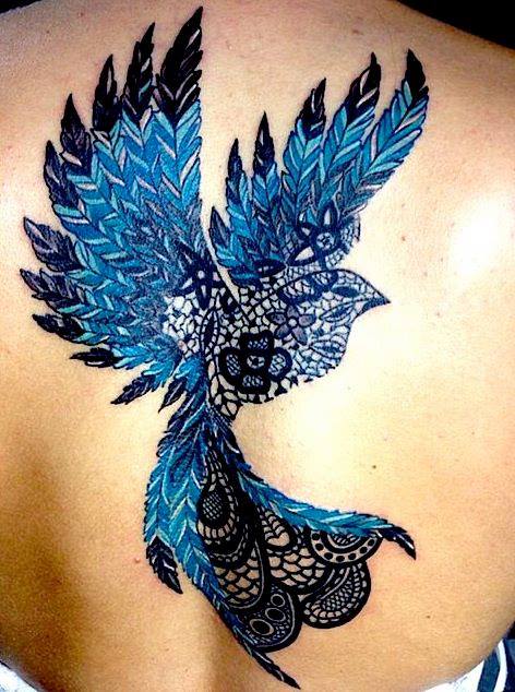 Flying Blue Phoenix Tattoo On Back