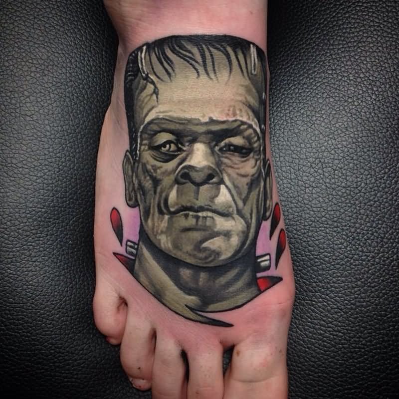 Frankenstein Head Tattoo On Right Foot