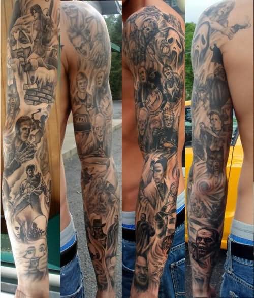 Frankenstein Tattoo On Man Left Full Sleeve