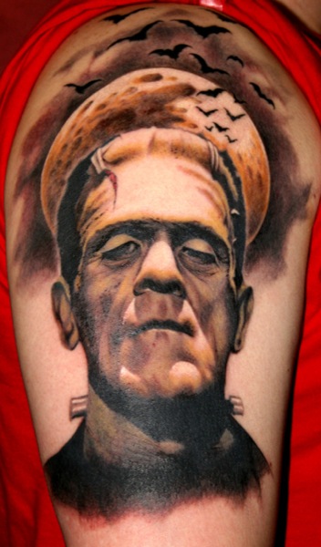 Frankenstein With Full Moon And Flying Bats Tattoo On Right Shoulder