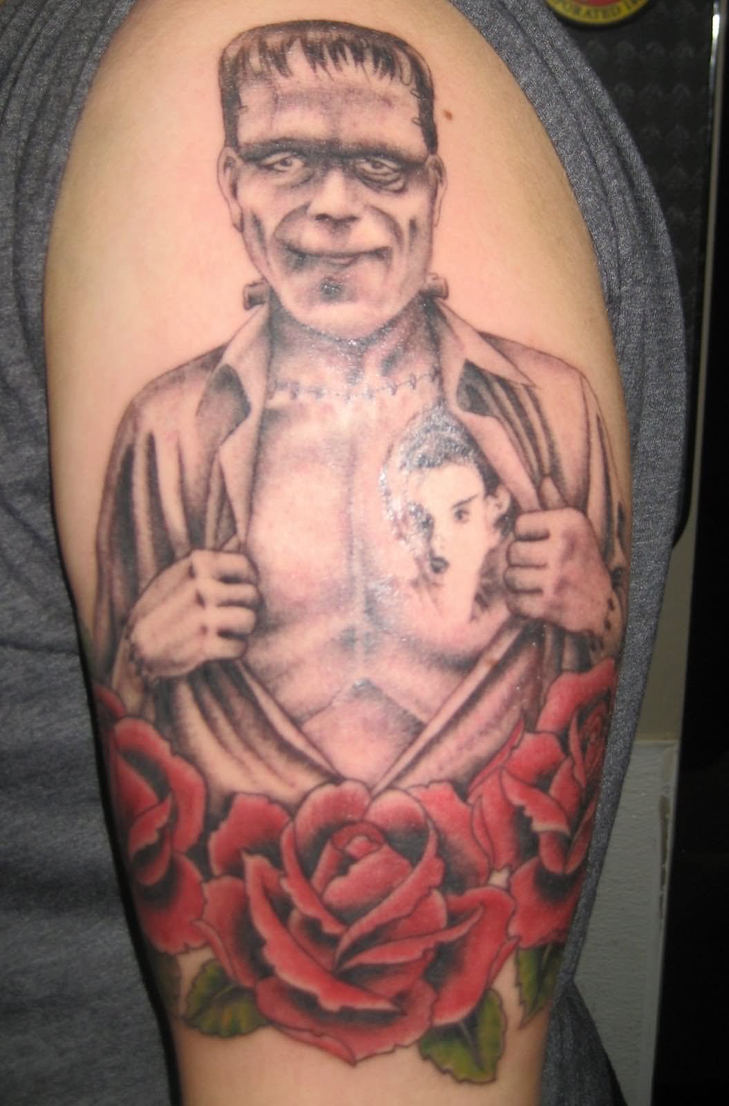 Frankenstein With Roses Tattoo On Half Sleeve