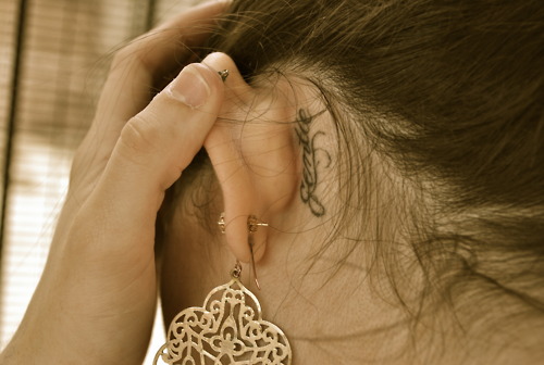 Gentle Word Tattoo On Girl Left Behind The Ear