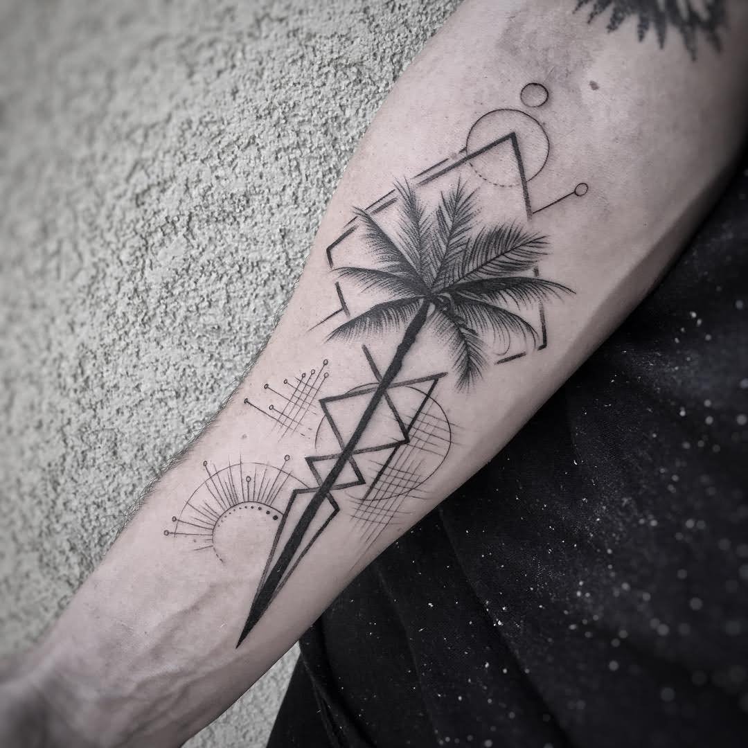 Geometric Palm Tree Tattoo On Right Forearm