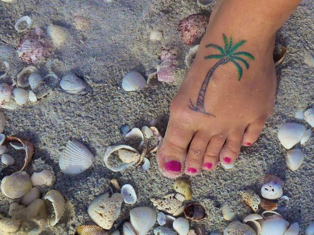 Girl Left Foot Palm Tree Tattoo