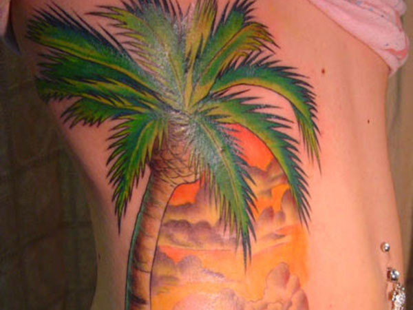 Girl Side Rib Sunset Palm Tree Tattoo